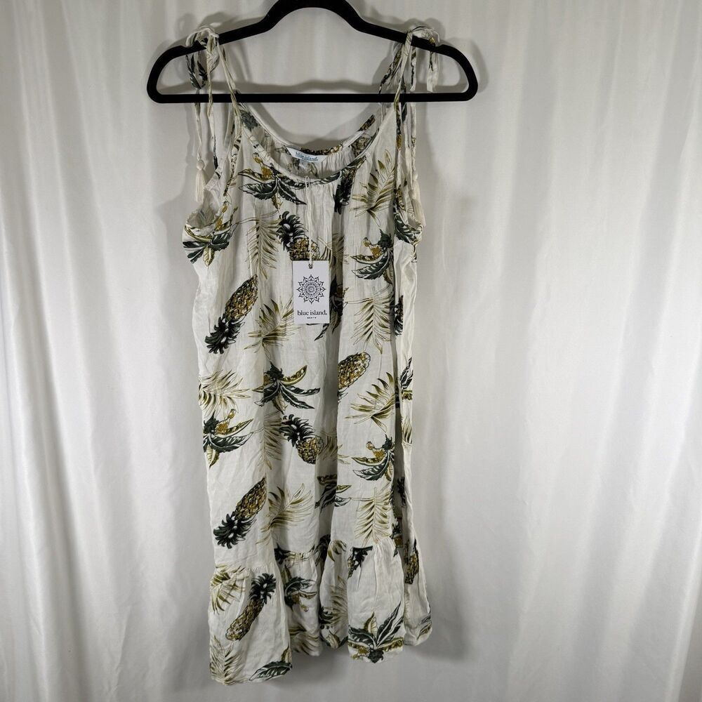 New Blue Island Dress Women's Large Off White Pineapple Sleeveless Lightweight